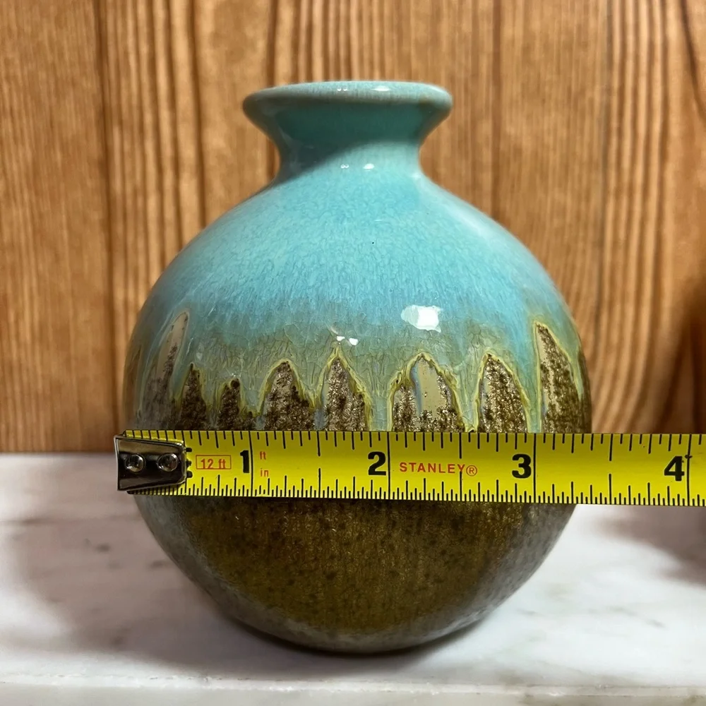 Art Pottery Elegant Turquoise and Brown Drip Crystalline Glaze Vase 5.5”
